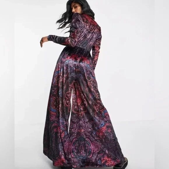 Free People Giselle Velvet Billowy Leg Jumpsuit Long Sleeve Deep V Neck Womens M - Picture 4 of 16